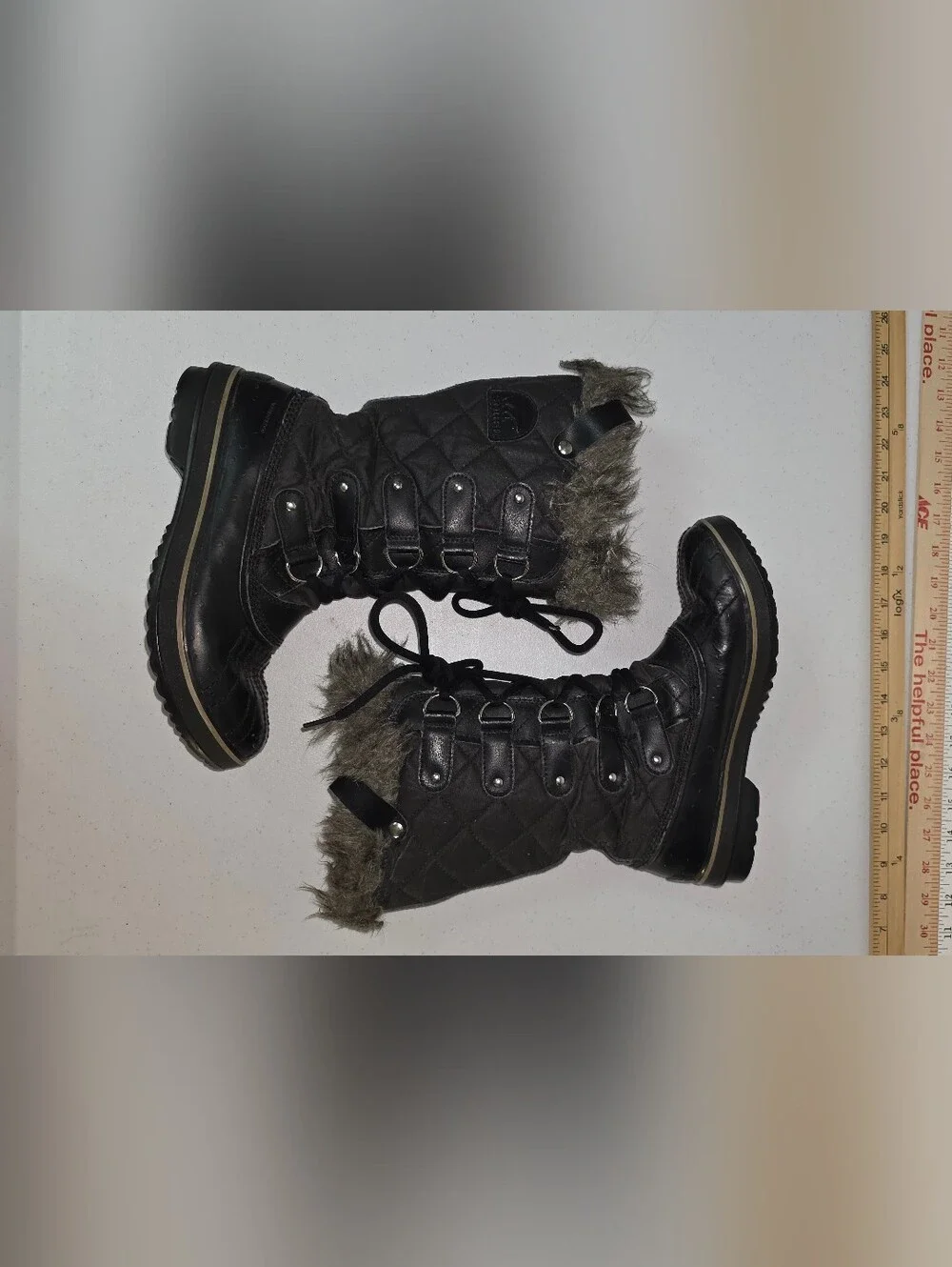 Sorel Tofina II Black Stone Waterproof Faux-Fur Trim Lace-Up Winter Boots Sz 7.5